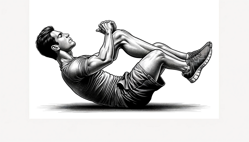 Illustrazione di una persona che esegue crunch addominali, sdraiata sulla schiena con le ginocchia piegate, mani dietro la testa, sollevando la parte superiore del corpo verso le ginocchia.