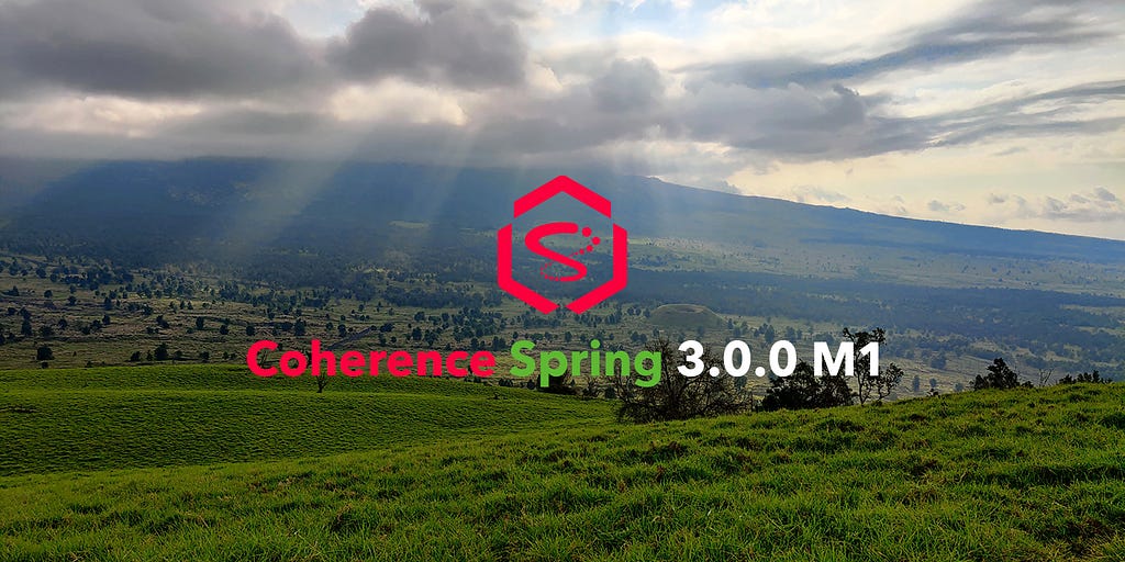 Photo of the Hualalai volcano with the sun breaking through clouds on the island of Hawaii with the words “Coherence Spring 3.0.0 M1”.
