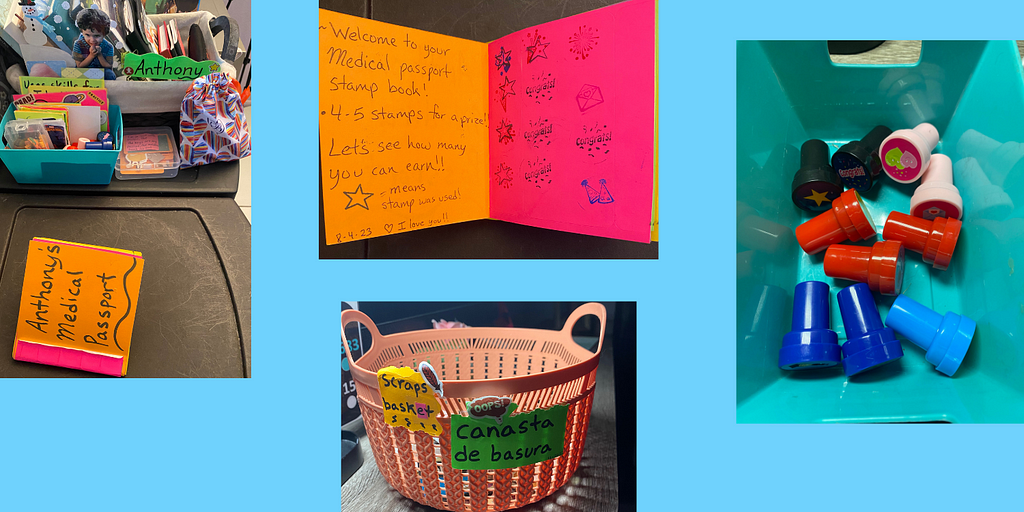 Image of various activities that I use to help my son with his ADHD and cystic fibrosis. There is a colorful tub full of 10s and stamps as well as construction books and a picture of Anthony with a special sign that has his name. 
Next to the blue bin, he has positive affirmation cards so that he can continue to focus on the good things. There is the scraps basket and another bin showing the stampers up close.