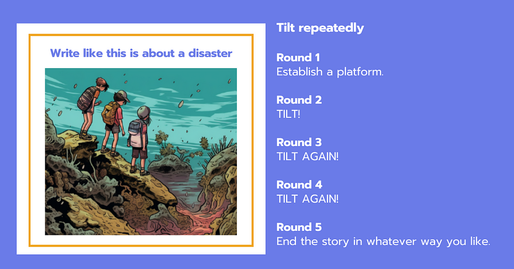 An example prompt template. Text prompt: Write like this is about a disaster. Image prompt: Three kids look down into an aqueous ravine. Round by round instructions direct players to tilt repeatedly.