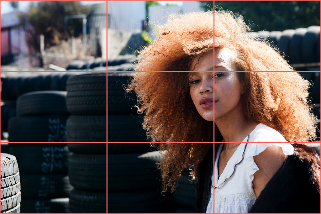 An example of how the design rule of thirds applies to portrait photography. The photography rule of thirds states that a subject’s eyes should be aligned along one of the key guidelines, or directly on top of an intersection point.