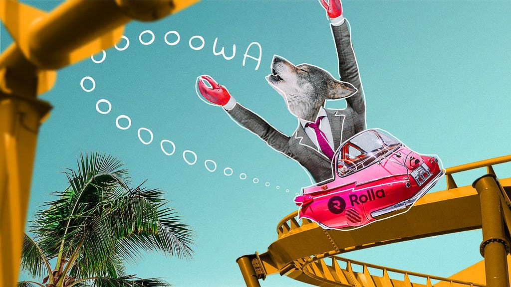 A wolf wearing a suit rides a pink and yellow rollercoaster while howling. A palm tree sways in the background against a clear blue sky.