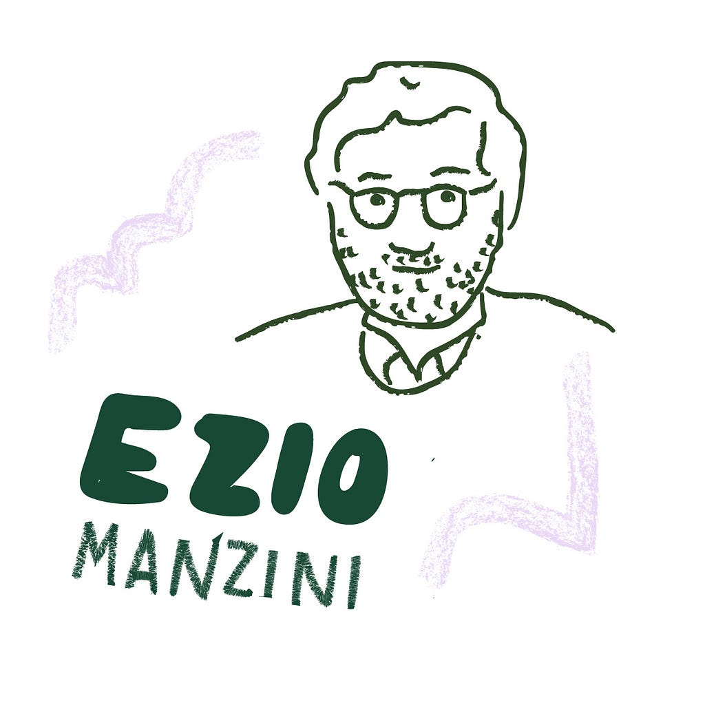 Sketch of Ezio Manzini, person with curly hair, beard and glasses