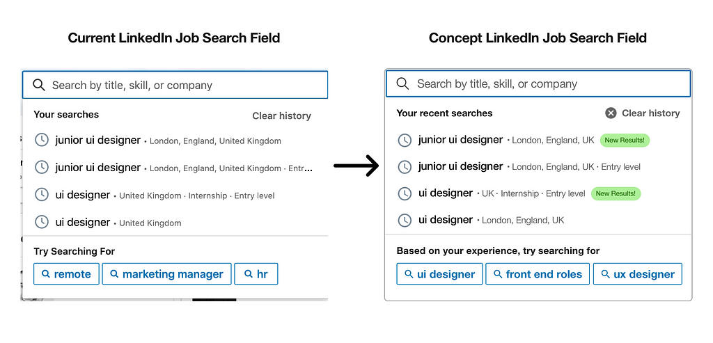 Previous LinkedIn Job Search screen and proposed concept design