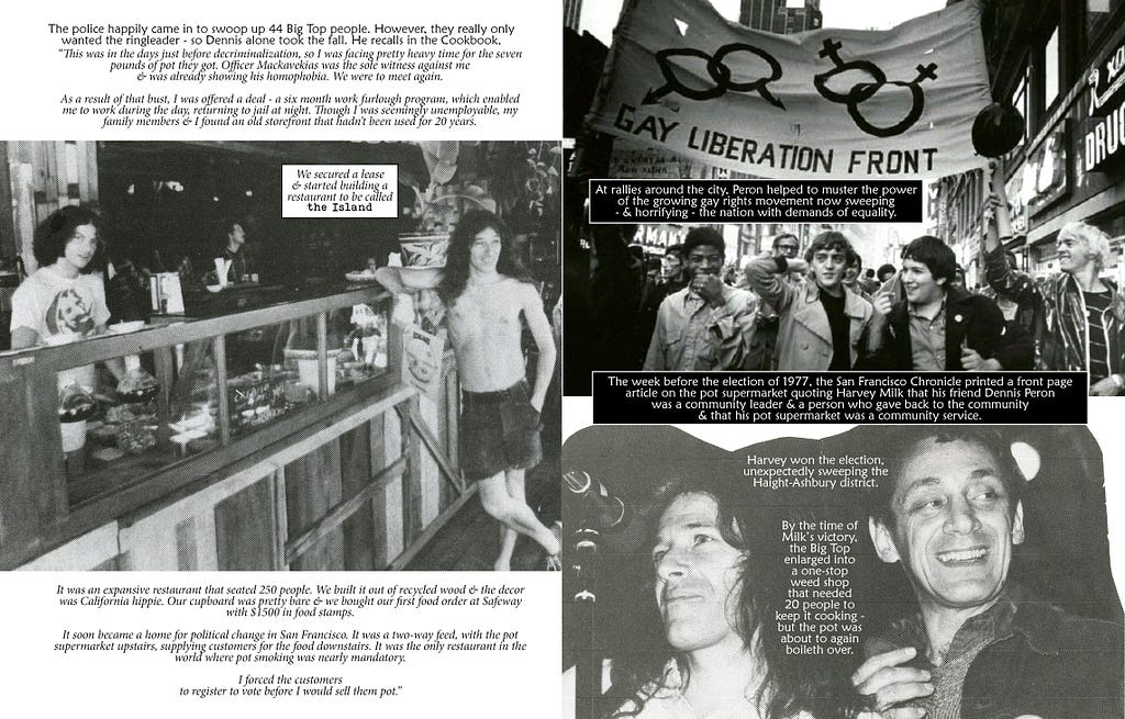 Pages showing black and white photos of Dennis Peron, Harvey Milk, and gay rights campaigners in the early seventies. Text over the photos describes Peron setting up his restaurant.