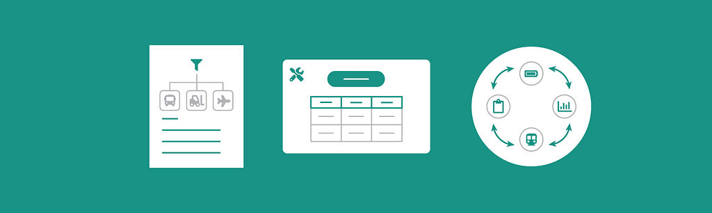 Simple icons of funnel and business focal areas, data chart and manufacturing process chart