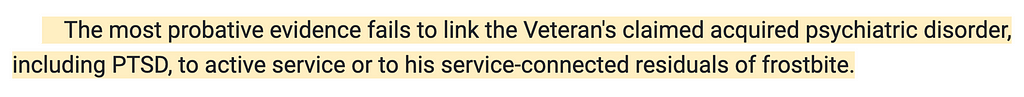 Example of a finding of fact from a BVA legal decision, highlighted with yellow background color.