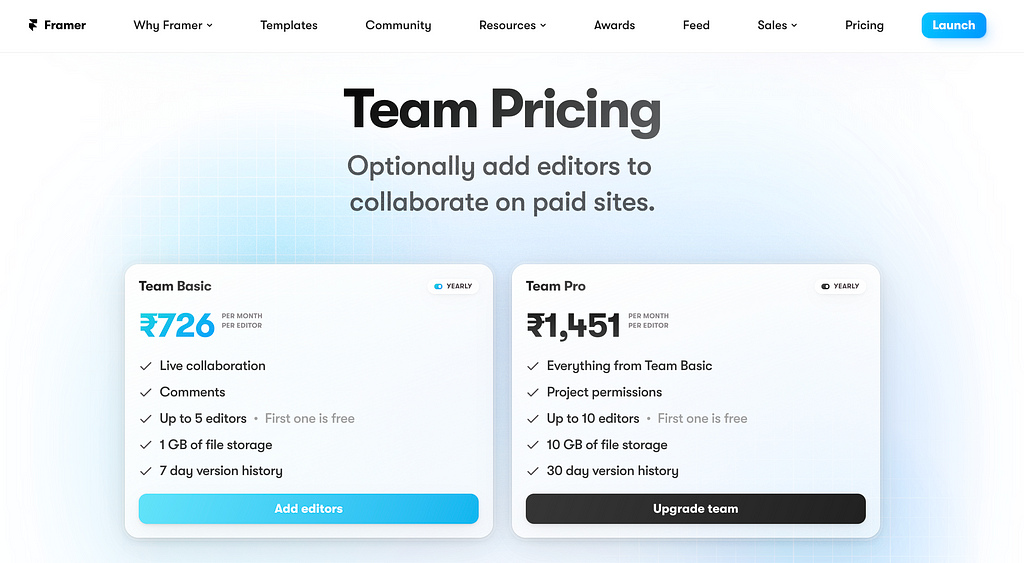 Framer’s team plans comparison