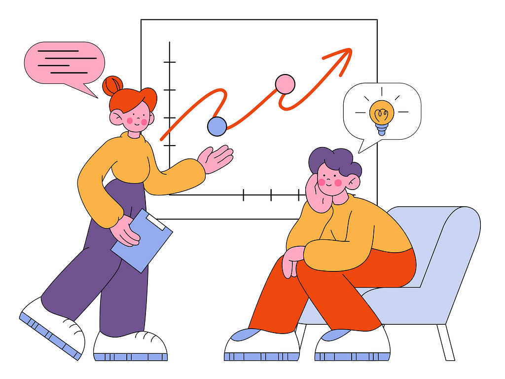 Illustration of two people looking at a screen with a graph