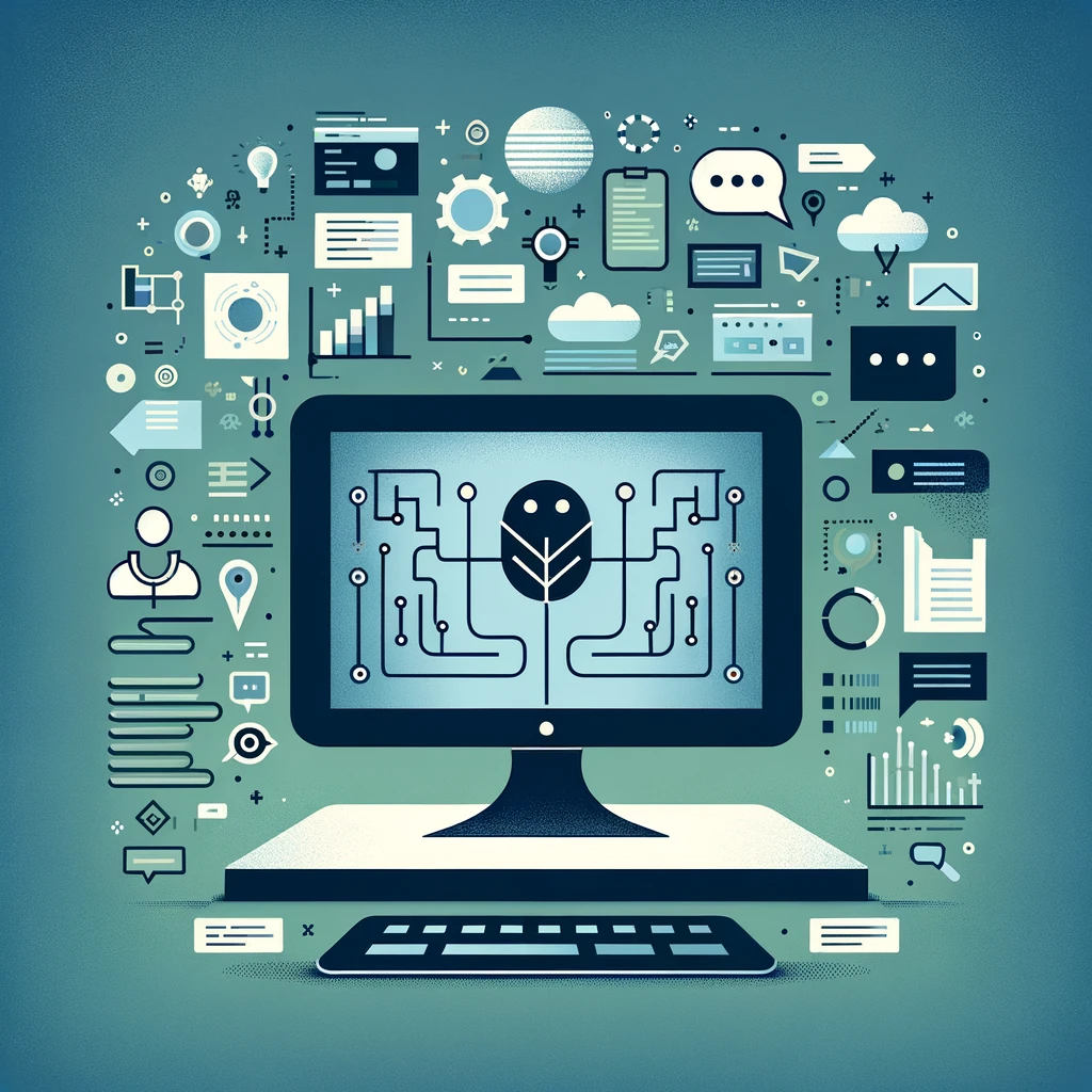 A basic illustration with a computer and symbols like a tree, robot, and wave in blue and green, symbolizing computational linguistics.