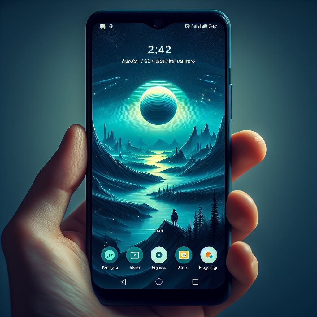 Someone holding an Android Device with an Eclipse and dark utopian view of a valley with mountains.