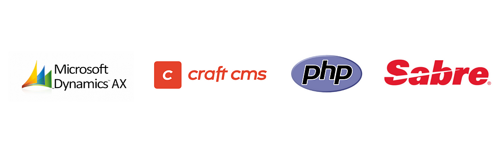 Logos for Microsoft Dynamics AX, Craft CMS, PHP, and Sabre