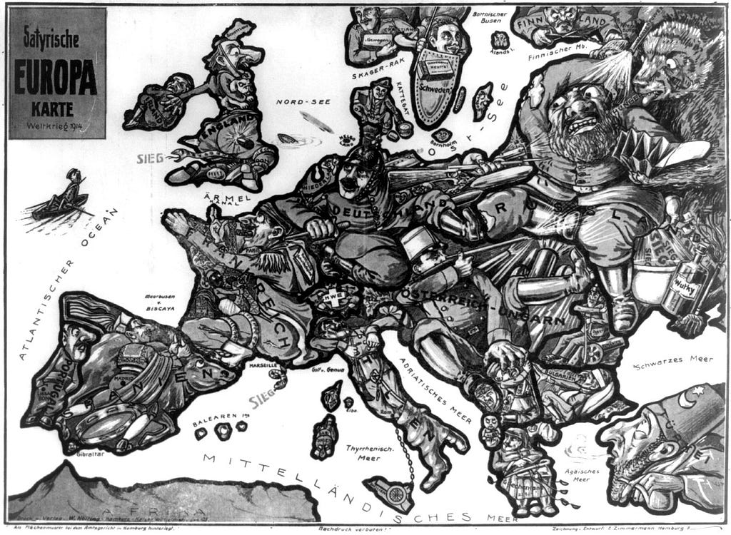 Print shows a map of Europe at the outbreak of the first World War with each country depicted as a human figure representative of the particular state of affairs or attitudes of the country, for instance, Germany is depicted as a soldier fighting with both Russia and France, while eyeing England.