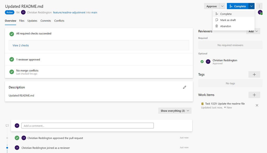 Screenshot showing that the pull request has completed all checks and is ready to be merged into the main branch.