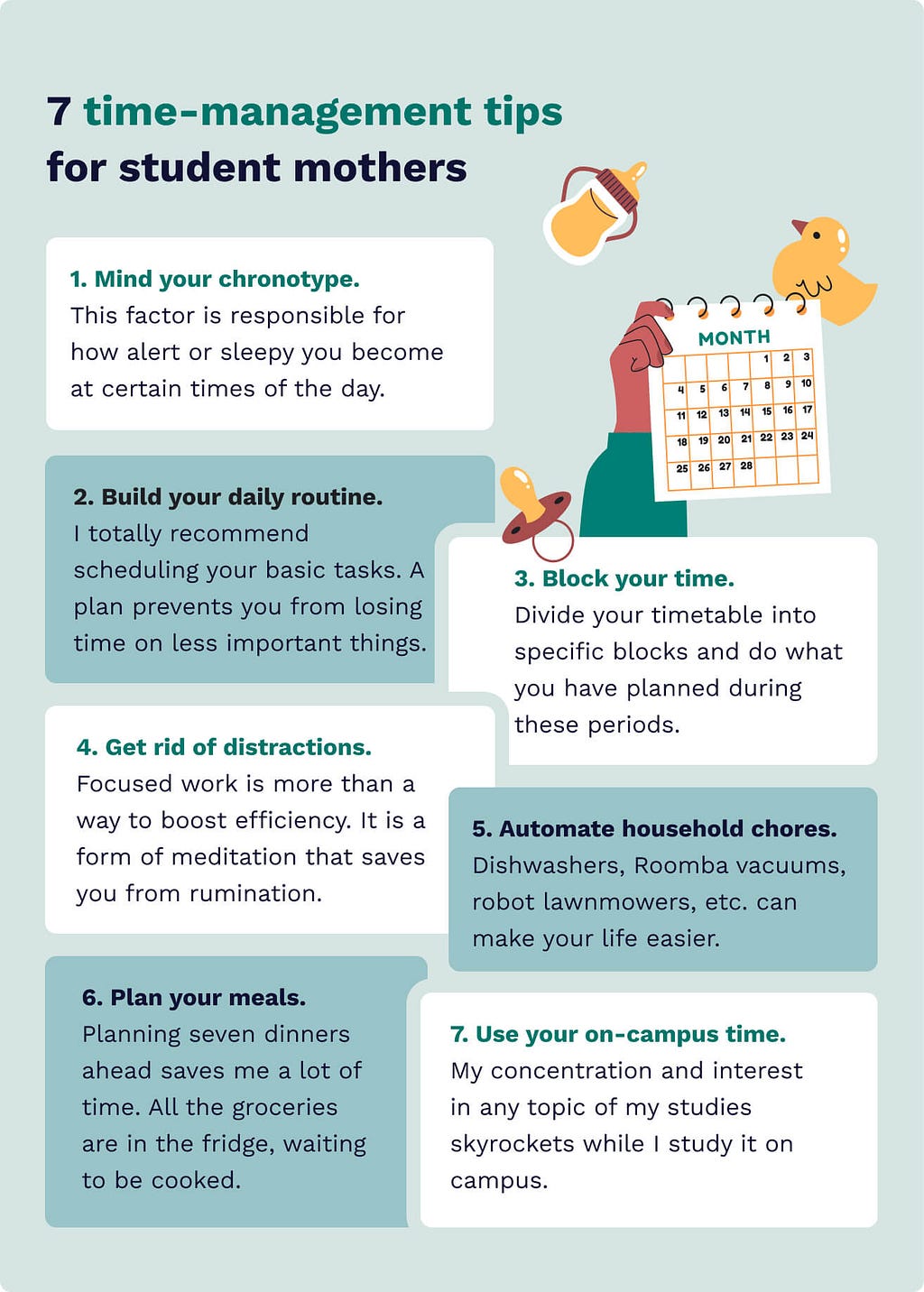 The picture lists the time-management tips for student mothers.