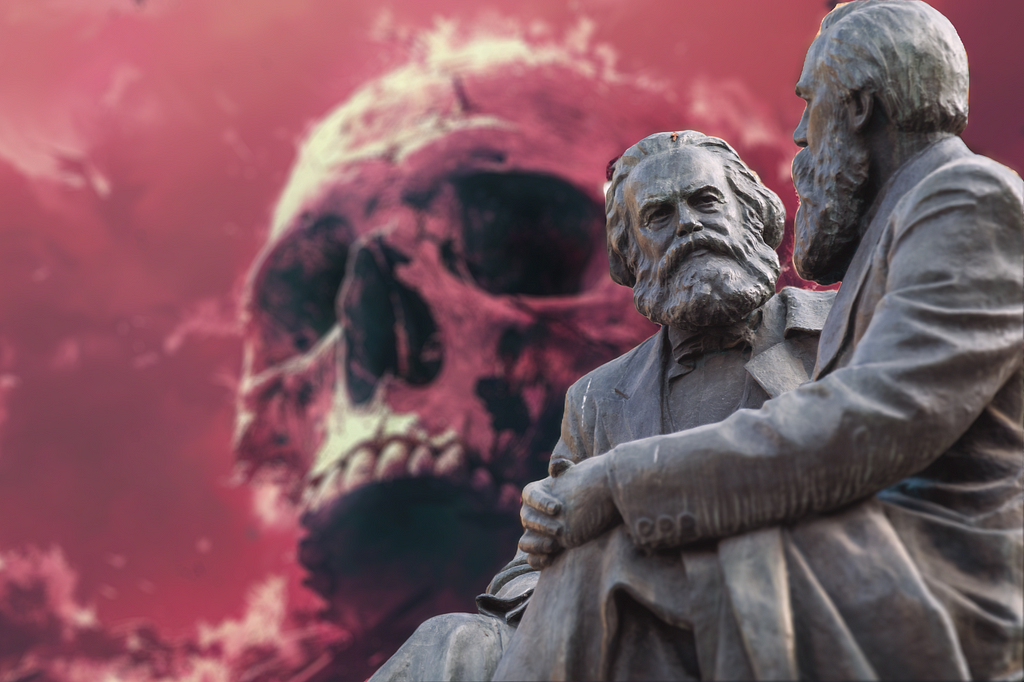 Statue of Karl Marx and Friedrich Engels sitting together in front of a dramatic red sky. A large, ominous skull is visible in the background, adding a surreal and haunting atmosphere to the scene.