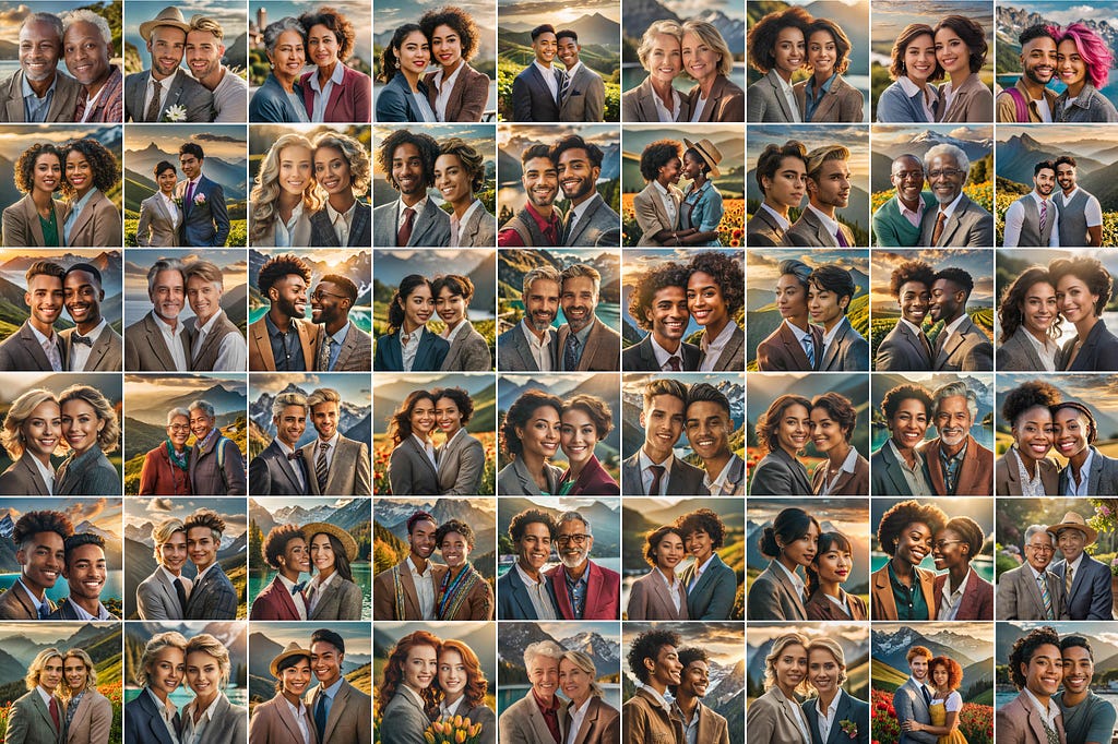 A grid of generative AI images of adult couples, 9 across and 6 down, of all ages, ethnicities and genders.