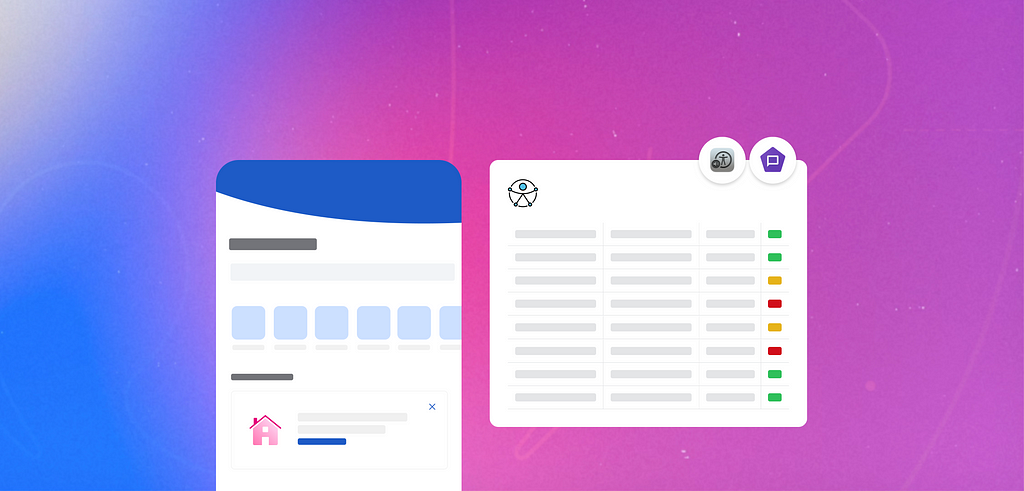 Ilustração com fundo degradê do azul ao rosa. Ao centro um celular com elementos genéricos e no lado direito, uma tabela com um símbolo universal de Acessibilidade e com dois ícones de VoiceOver e Talkback, embaixo é uma tabela genérica com colunas cinzas e uma coluna com cores verde, amarelo e vermelho.