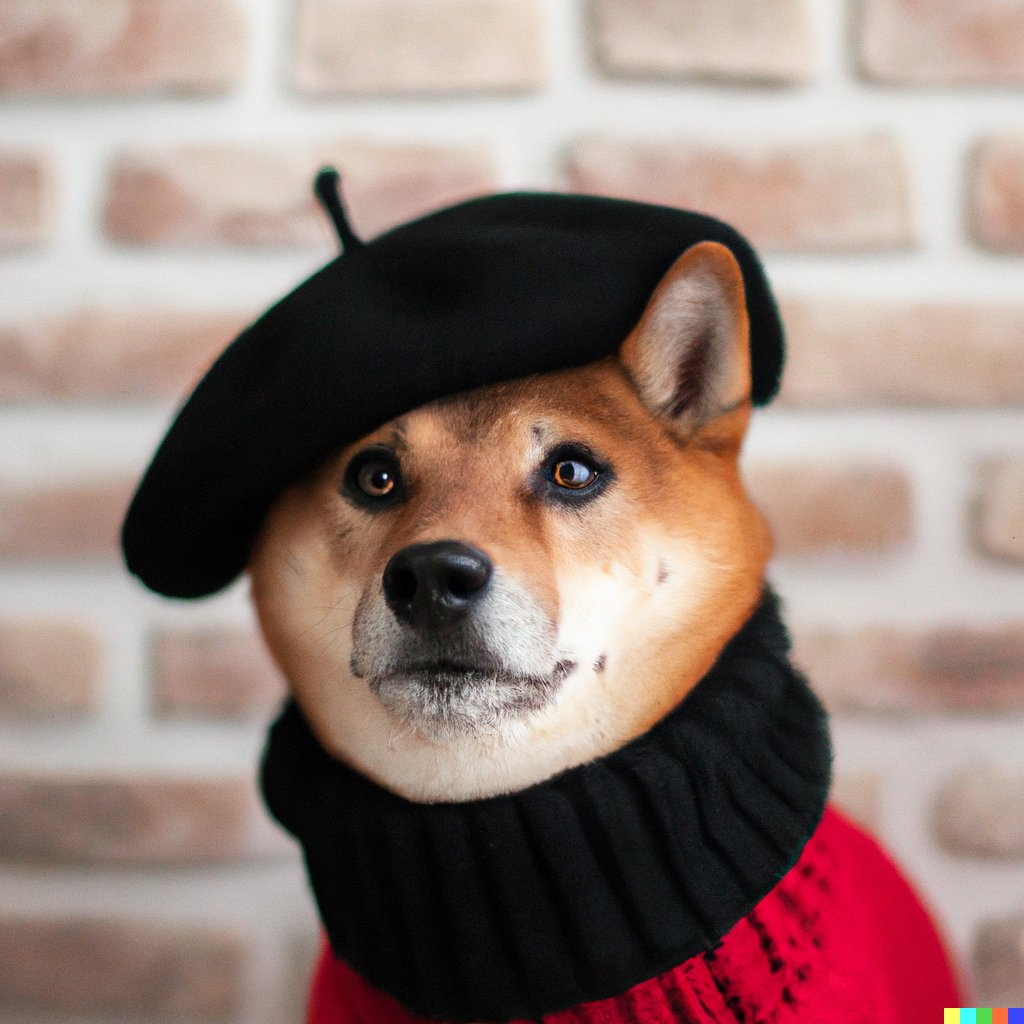 A photo of a shibu inu wearing a scarf and hat with a brick wall as background — generated by AI.