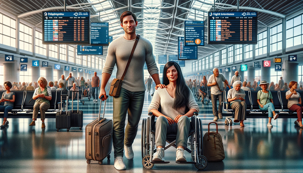 a couple in an airport, the woman sitting in a wheelchair