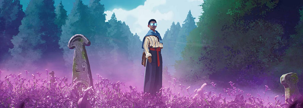 A figure with glasses stands in a field of purple flowers, with forest trees behind them, and gravestones beside them.