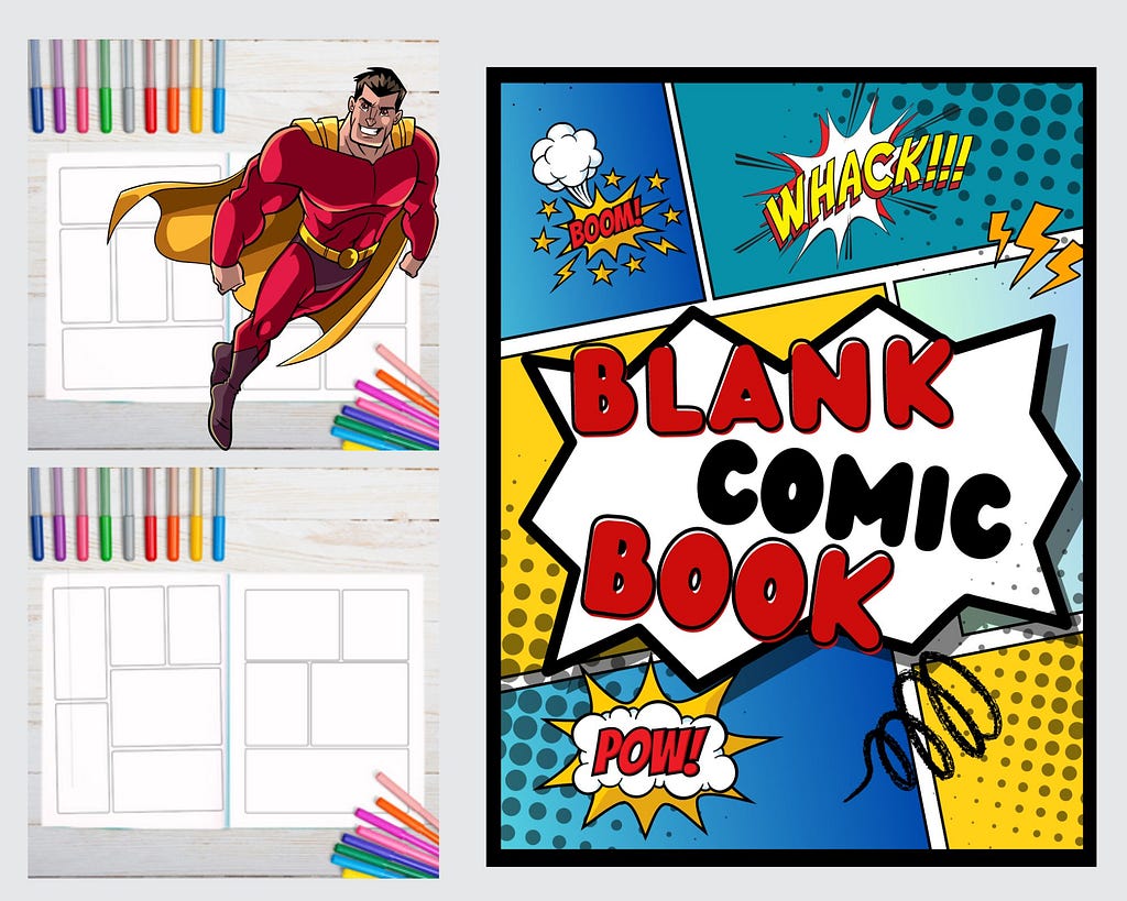 A blank comic book with some crayons and a superhero Suggestion for buying blank comic books in bulk.