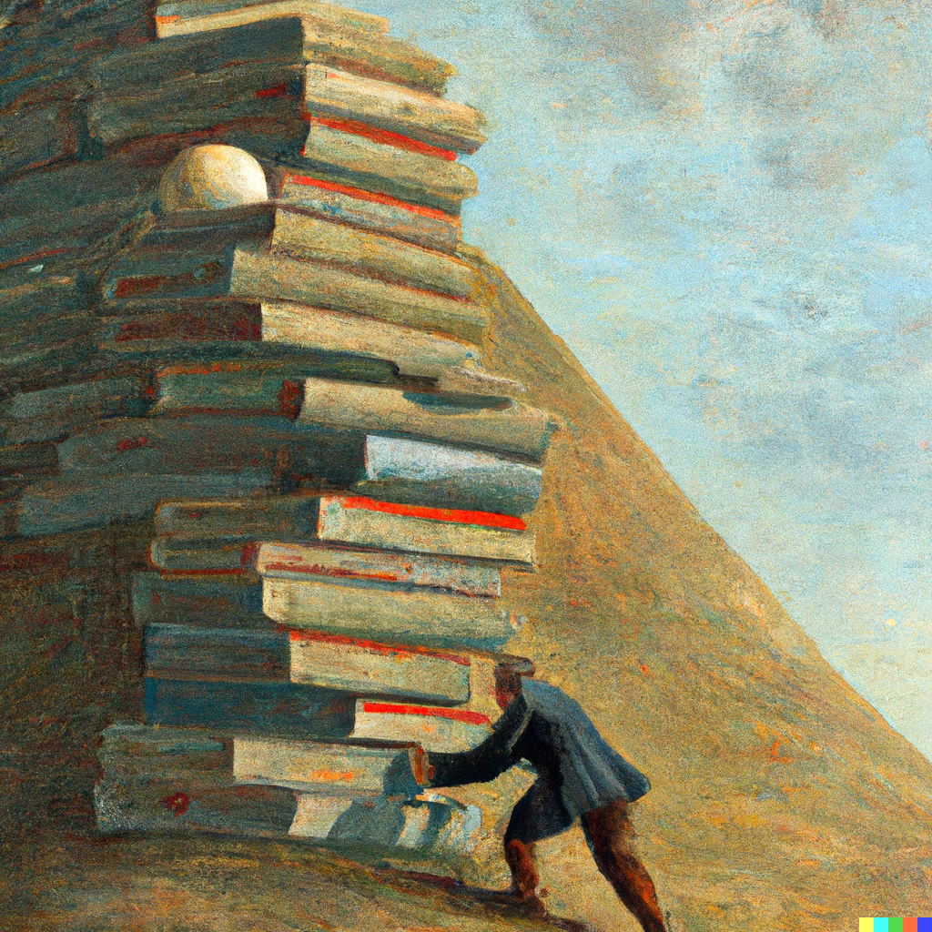 academic pushing a massive stack of books up a hill