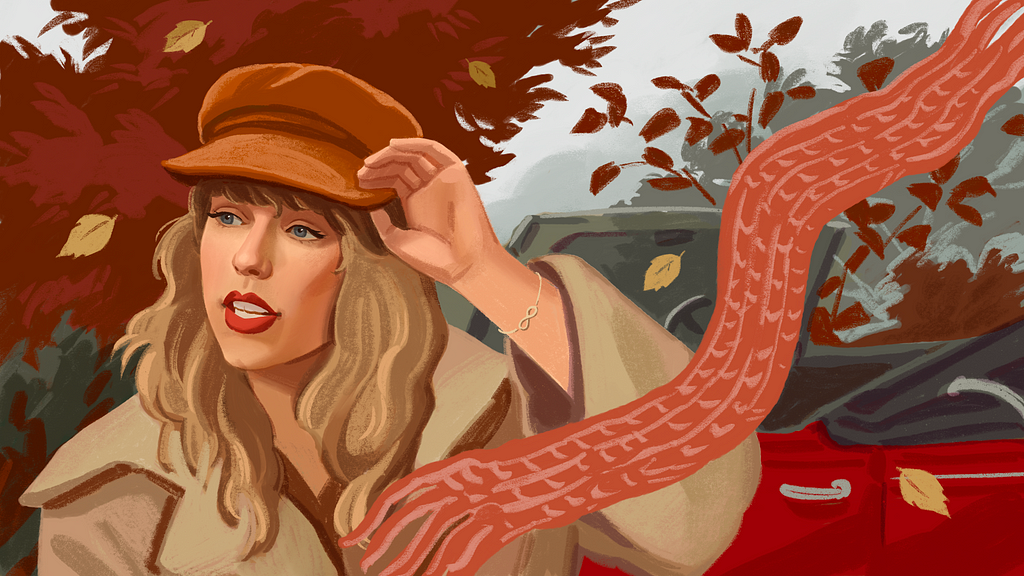 Taylor Swift red music album fan art digital illustration red colorful portrait autumn scarf coat