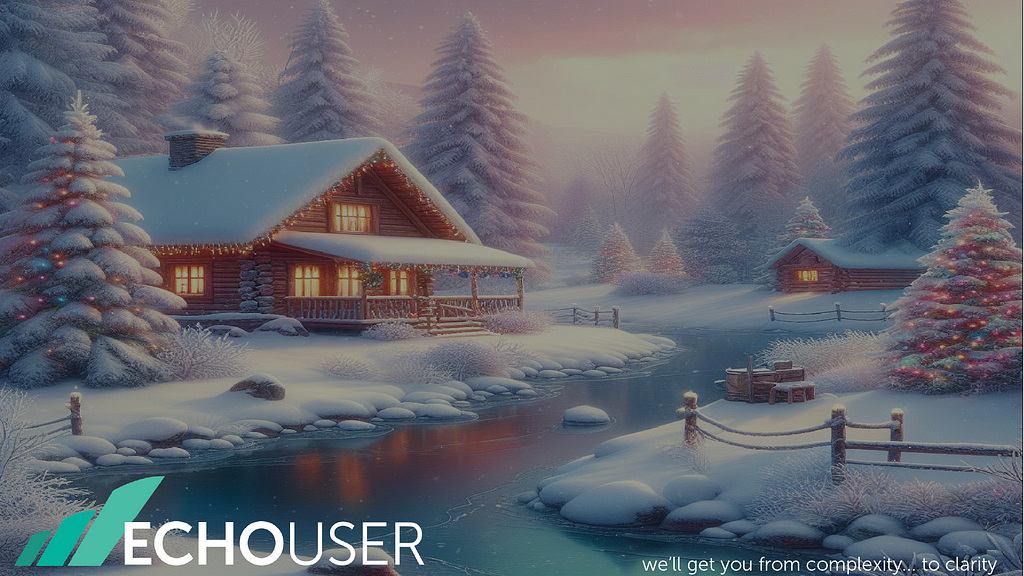AI generated illustration of a cabin in the woods in the snow as a backdrop to the EchoUser logo