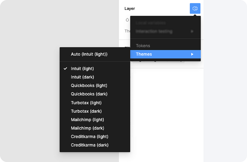 Figma interface displaying a dropdown of theme options from a variables mode selector