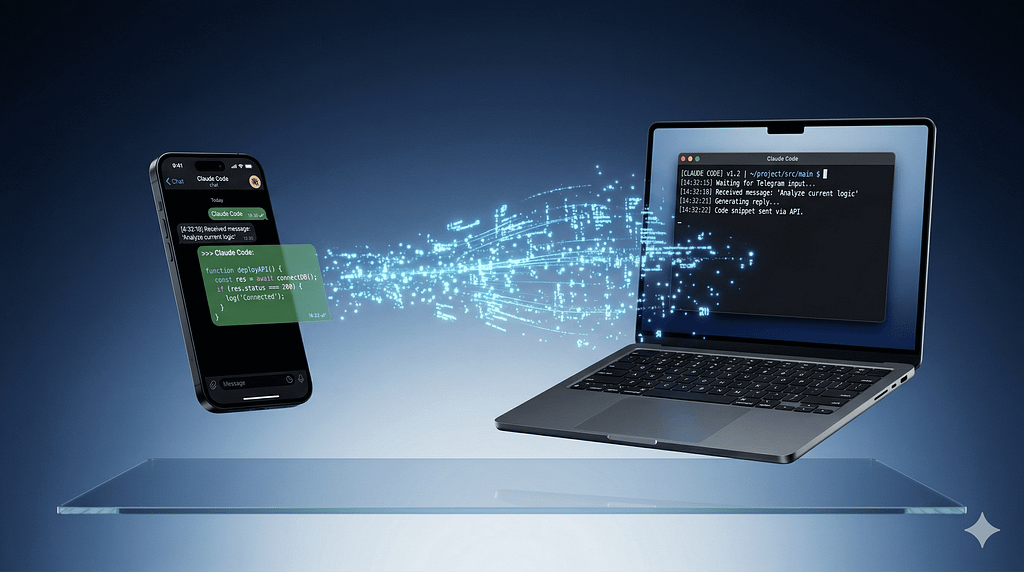Claude Code Channels — smartphone controlling a local AI coding session via Telegram, connected by holographic data stream to a MacBook terminal