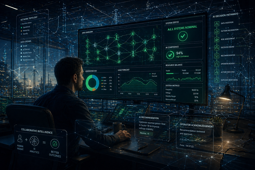 A control room operator sits at a workstation in a dark, futuristic operations center, facing large glowing dashboards filled with green system data and network visualizations. White blueprint-like lines and connected nodes overlay the room, representing AI decision pathways and collaboration between humans and intelligent systems in managing critical infrastructure.