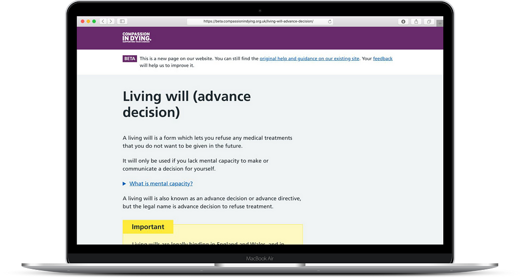 Our new webpage on living wills displayed on a laptop screen to show how it looks.