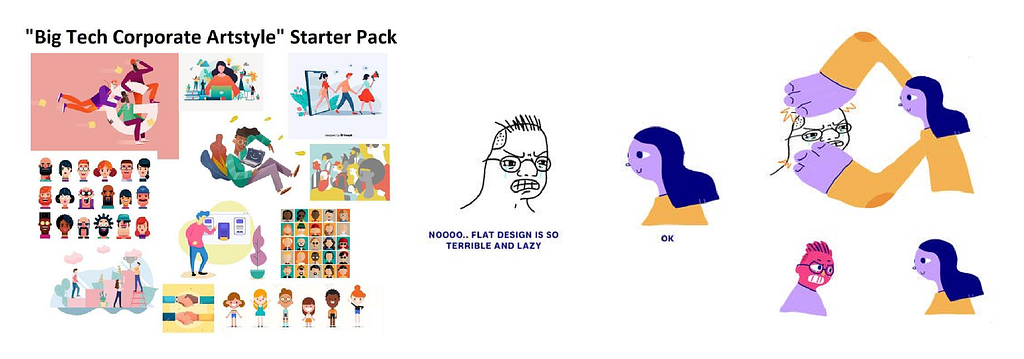 Imagem com meme sobre o “Big tech corporate art style starter pack”, que ironiza o fato da maioria das empresas utilizarem ilustrações parecidas e forçadamente amigáveis.