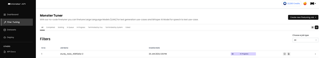 MonsterAPI ‘s interface. Fine-tuning job In Progress.