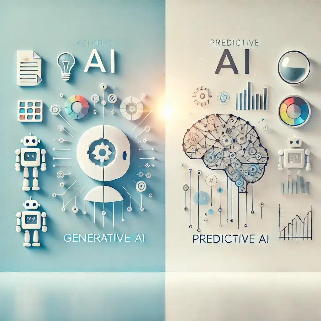 image of different function of both types of ai , brain and bot with icons