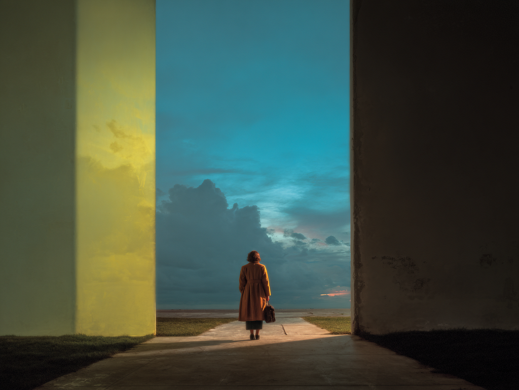 An AI-generated illustration of a lone figure standing between two towering walls, facing an open horizon under a stormy dusk sky — small against systems that dwarf her, with nowhere clear to go.”