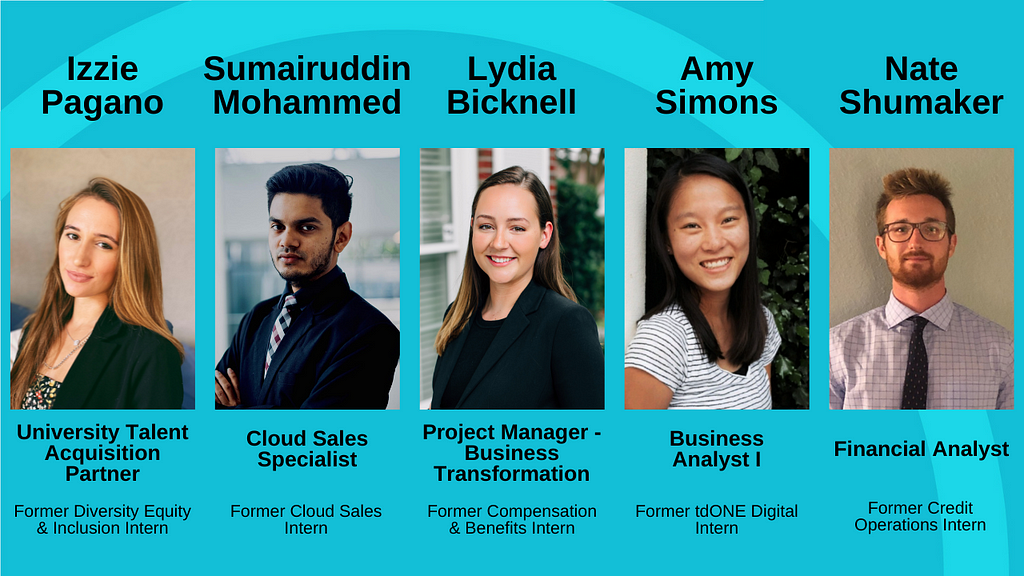 Professional headshots of 5 young professionals — Izzie Pagano (University Talent Acquisition Partner), Sumairuddin Mohammed (Cloud Sales Specialist), Lydia Bicknell (Project Manager — Business Transformation), Amy Simons (Business Analyst I), and Nate Shumaker (Financial Analyst).