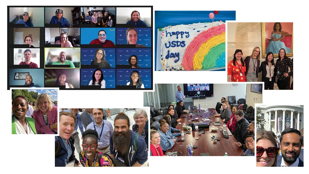A collage of images featuring USDS employees. The top left is a virtual meeting with a screen of squares representing each attendee; Under is a photo of two USDS employees standing outside smiling; To the right a photo of three men and two women taking a selfie; To the right a photo of a people sitting around a table in an office; To the right, a photo of a man and a woman smiling in front of the White House; above, five women stand in front of a portrait; To the left, a “Happy USDS Day” cake