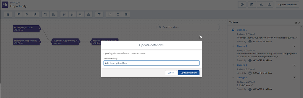 When we click on the update button we will get a pop up to input the description about the change made on the dataflow