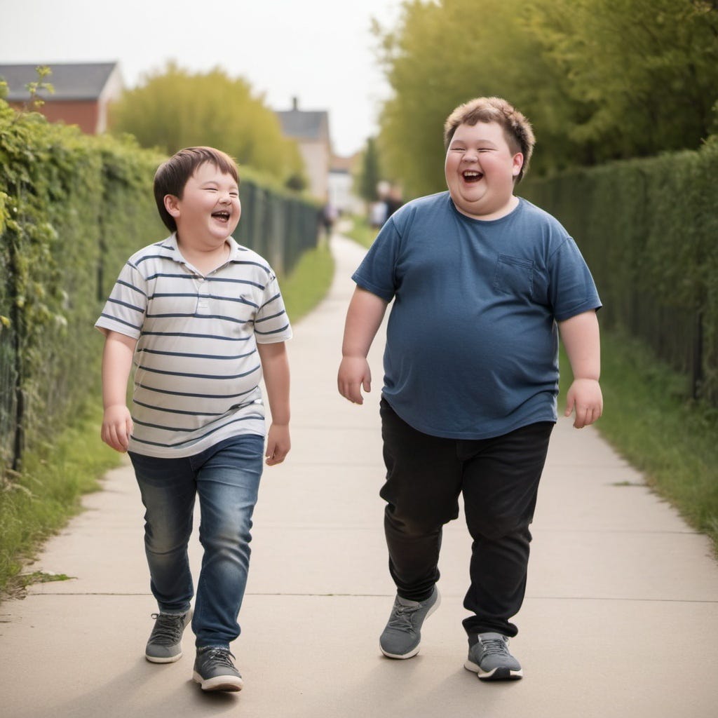 Fat boy and thin boy walk down the street laughing.
