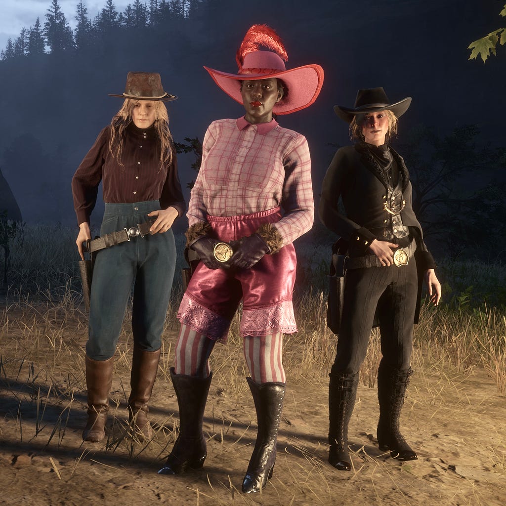 Bess’s character and two other online players posing on the mission screen.