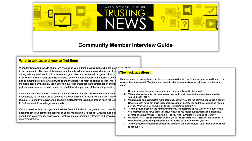 Multiple screenshots of Trusting News’ newly revised community interview guide, which you can find at bit.ly/communityinterviewguide.