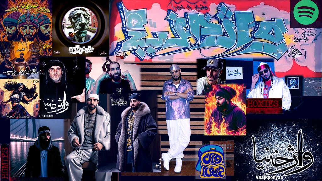 Collage featuring Shayan and Vaajkhonyaa members, along with cover arts from their new rap tracks, showcasing the evolution of Persian rap culture.
