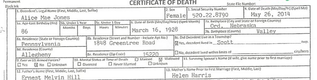 Alice Jones death certificate detail, with incorrect middle name and mother’s maiden name.