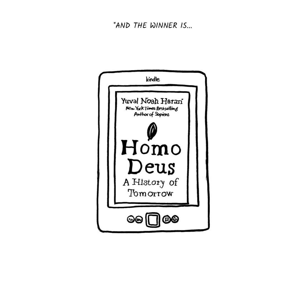 Black and white drawing of Kindle with the title page of Homo Deus by Harrari