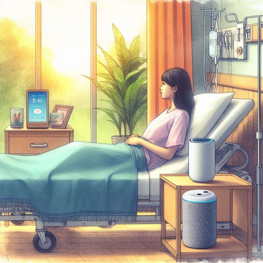a woman patient in a clean and pleasant hospital with a smart speaker on the bedside table, 1970s watercolor concept art, created with generative AI.