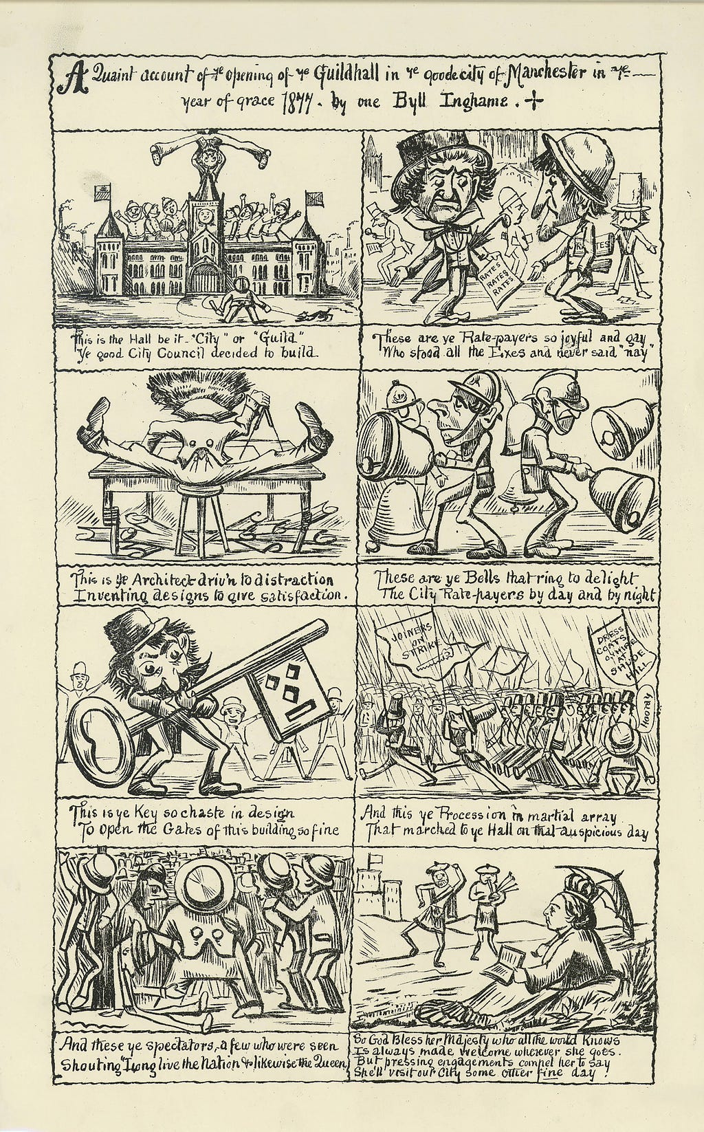Eight cartoon panels, each with a rhyming couplet below, telling the story of the design and opening of Manchester Town Hall.