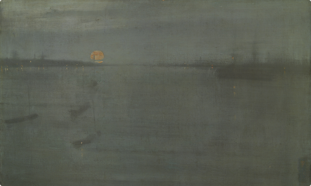A dark, hazy night scene in greens and greys, a calm stretch of water with faint silhouetted boats and a small glowing orange light low near the horizon.