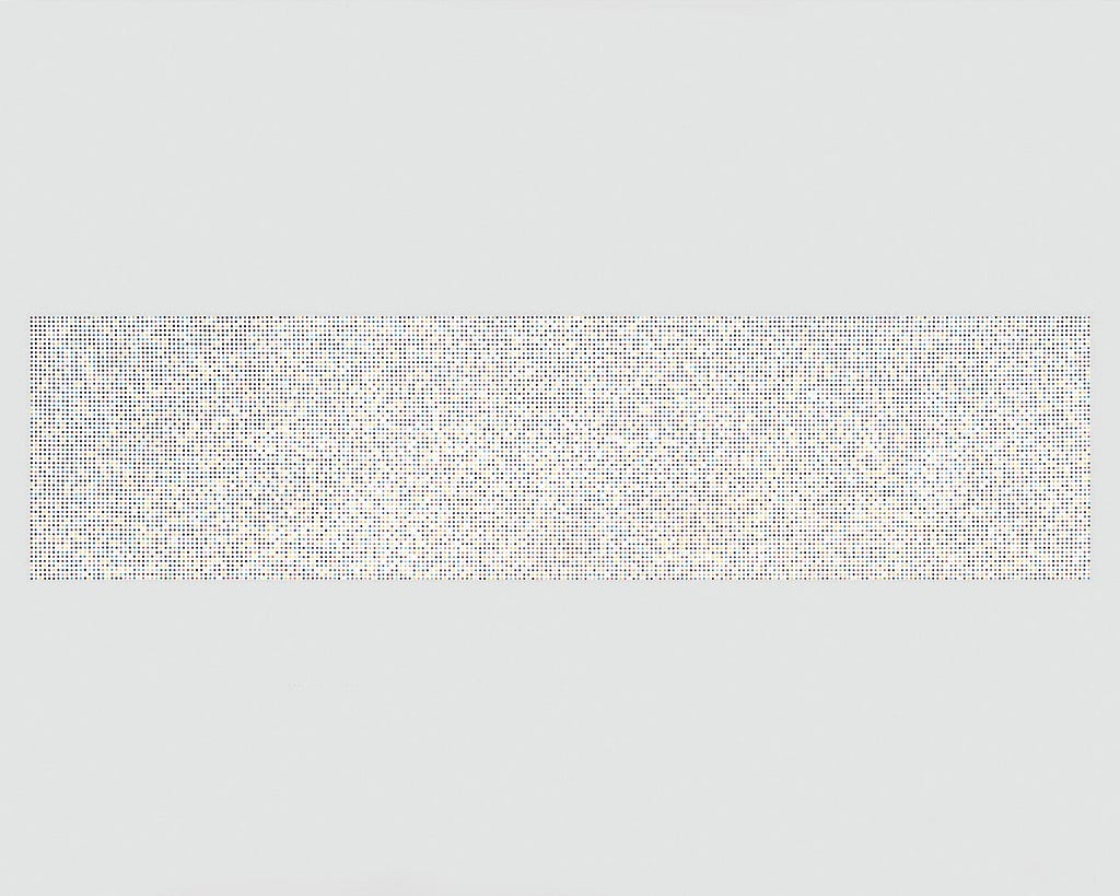 A large landscape, rectangluar paintings, with a white background and with thousands  of tiny colour cirlces painted in a perfect grid composition.